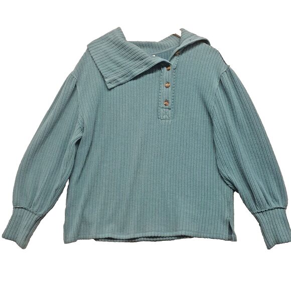 Tru Luxe Jeans Teal Blue Knit Textured Side Button Cowl Neckline Tunic M - Picture 1 of 6